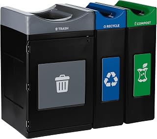 Commercial Zone Avante™ Series Made in The USA, Black Triple-Stream,Trash, Recycling and Compost Center, 55-Gallon Square, 30-Gallon Narrow, Open Top