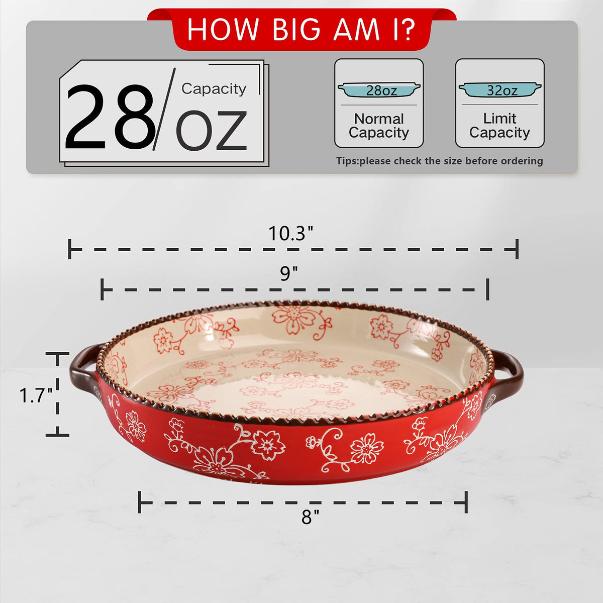 AVLA Ceramic Pie Pan Set, 9 Inch Round with Handles, 28 Ounce, Sakura Red