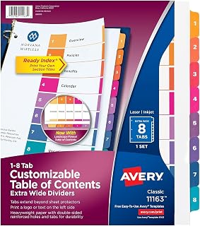 Avery Ready Index Table of Contents Extra-Wide Paper Dividers, 1-8 Tab, Multicolor, 288/Carton11163VS