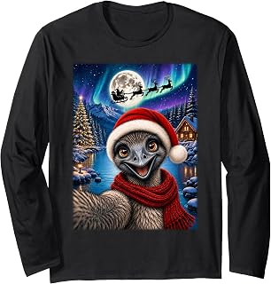 Emu Bird Christmas Selfie Full Moon Night Santa Sleigh Xmas Long Sleeve T-Shirt
