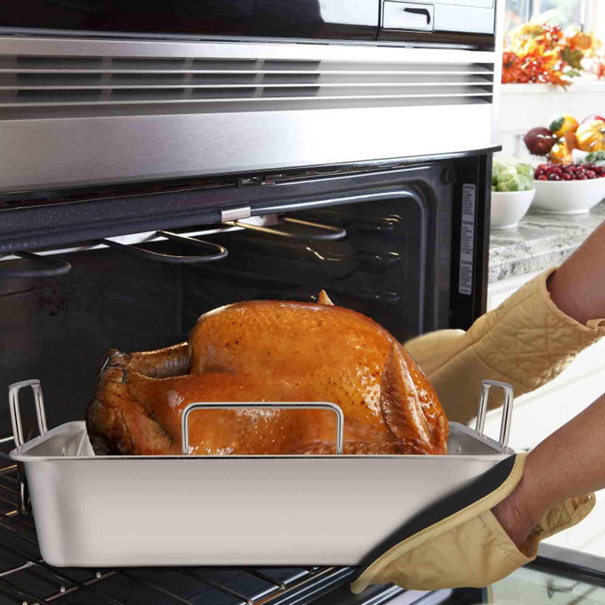 TeamFar Stainless Steel Roasting Pan with Rack, 16 Inch Large, Silver