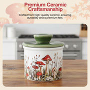 Fungi Fun Mushroom Butter Keeper, Ceramic Crock, White and Green