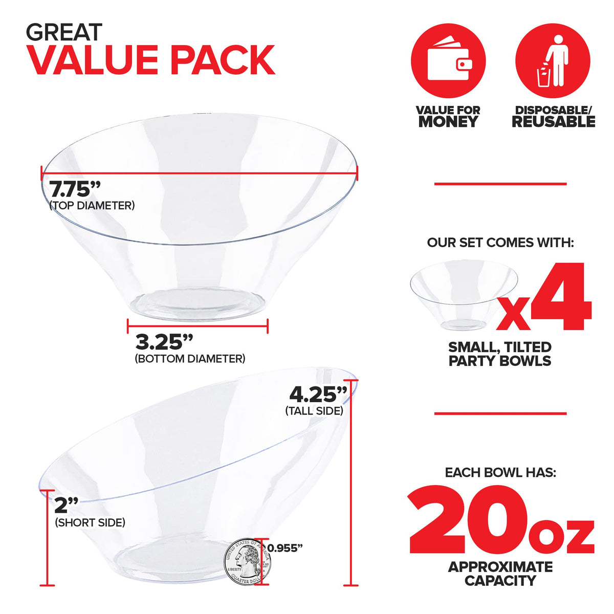 20oz Clear Plastic Serving Bowls (4 Pack) Medium Disposable Candy Dishes by Stock Your Home – 20 oz, 20.0 ounces, Polystyrene (PS), Clear, Pack of 4