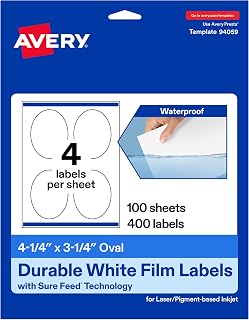 Avery Printable Durable White Oval Labels, Sure Feed® Technology, 4.25" x 3.25", Print-to-the-Edge, Waterproof Labels, Laser & Pigment-Based Inkjet Compatible, 400 Total