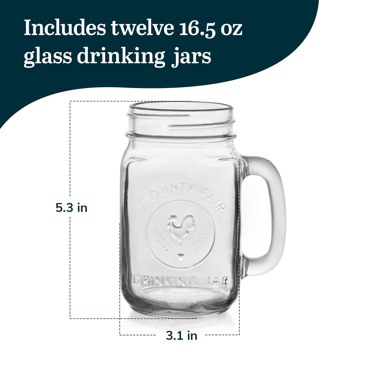 County Fair Set of 12 Mason Drinking Jars with Handle by Libbey – 12 Count (Pack of 1), 16.5 fluid_ounces, Glass, Clear, Pack of 12