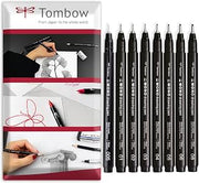Tombow MONO Drawing Pen Fineliner - Water and Light Resistant - 0.05-0.8mm - Black Ink - Pack of 8 In Envelope Gift Packaging