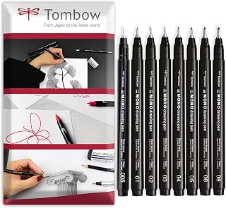 Tombow MONO Drawing Pen Fineliner - Water and Light Resistant - 0.05-0.8mm - Black Ink - Pack of 8 In Envelope Gift Packaging