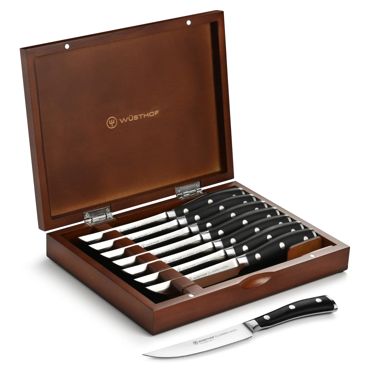Wusthof Classic Ikon 8-piece Steak Knife Set with Wood Case by Wüsthof – 8-piece, High Carbon Stainless Steel, Stainless Steel / Black, Pack of 8