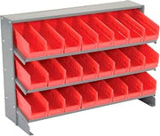Global Industrial 3 Shelf Bench Rack, (24) 4" W Red Bins, 33x12x21