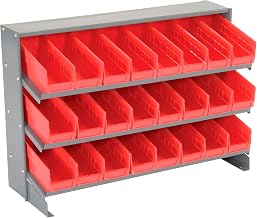 Global Industrial 3 Shelf Bench Rack, (24) 4" W Red Bins, 33x12x21