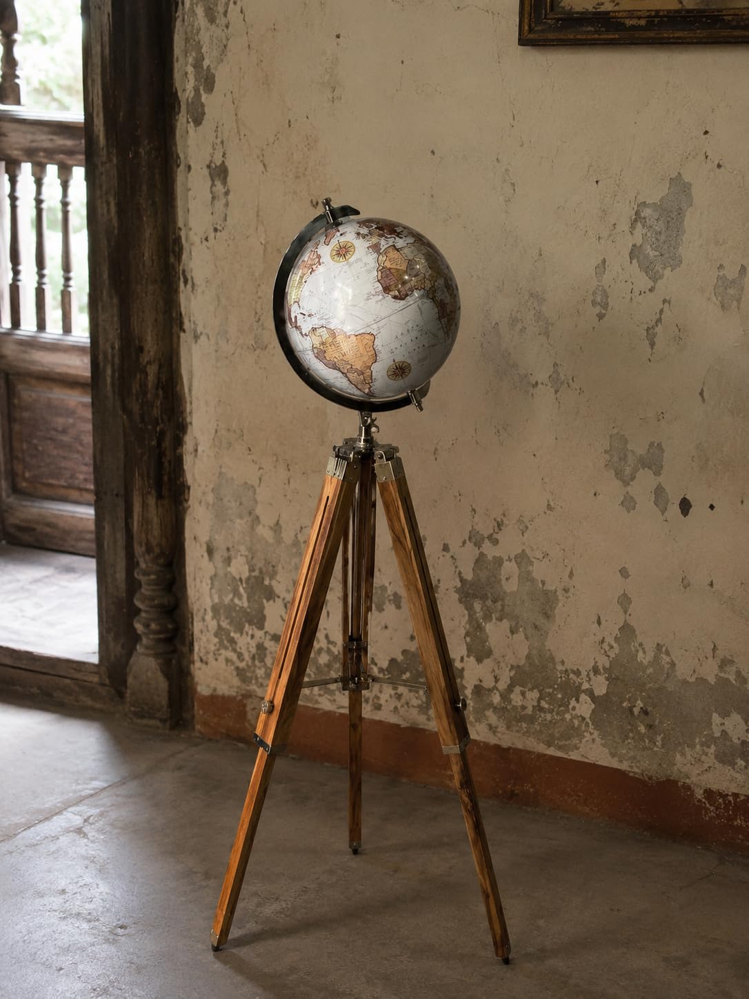 Wooden Tripod World Map Decor Explorer Home Office Accent Globe by Generic – Metal, Multicolor, Model Wtg-worldmap-001