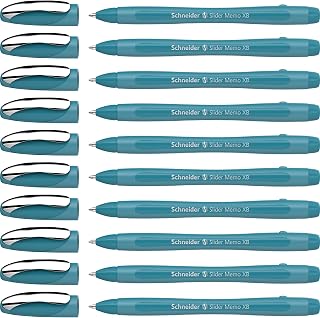Schneider Slider Memo XB Ballpoint Pen (Colour Edition with Cap, Line Width: XB) Pack of 10, Case Colour: Teal, Ink Colour: Blue