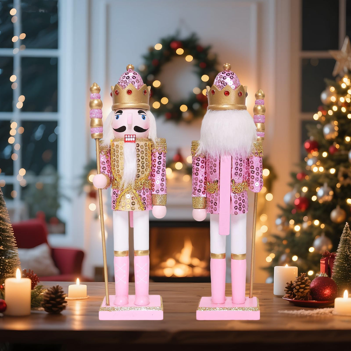 Oeuvi Wooden Nutcracker Figure, 11.8 Inch Tall, Pink Sequins