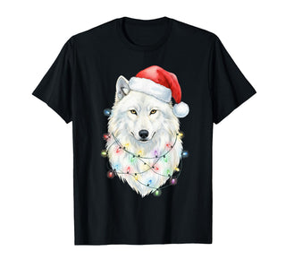 White Wolf Christmas Lights Festive Xmas Arctic Animal T-Shirt by White Wolf - Christmas Apparel & Gifts – Black, Model T0WJMG7V8FD