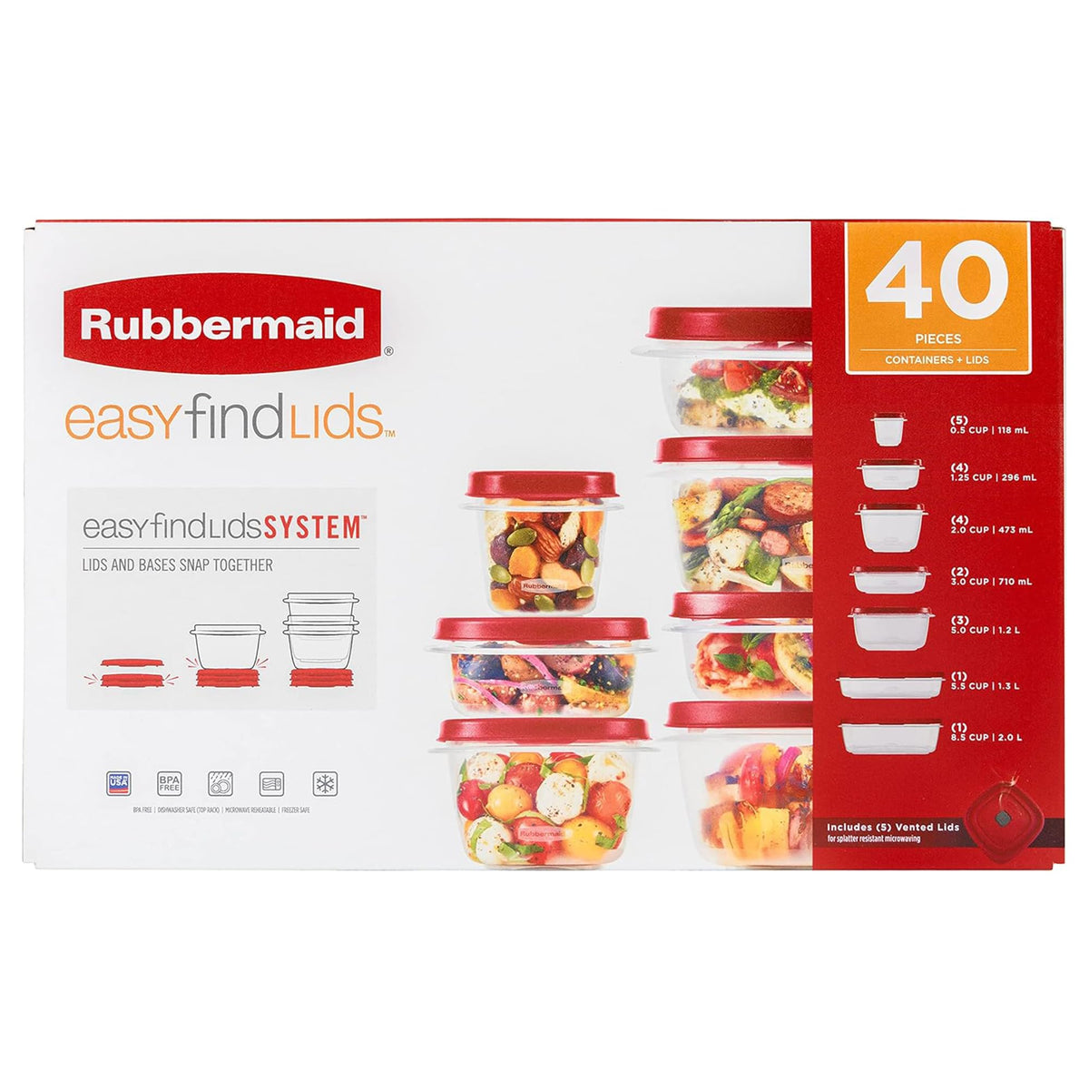 Kitchen Storage Containers with Vented Lids by Rubbermaid – 10 inches (L) x 16 inches (H), 11 liters, 11.0 liters, Plastic, Red, Pack of 40