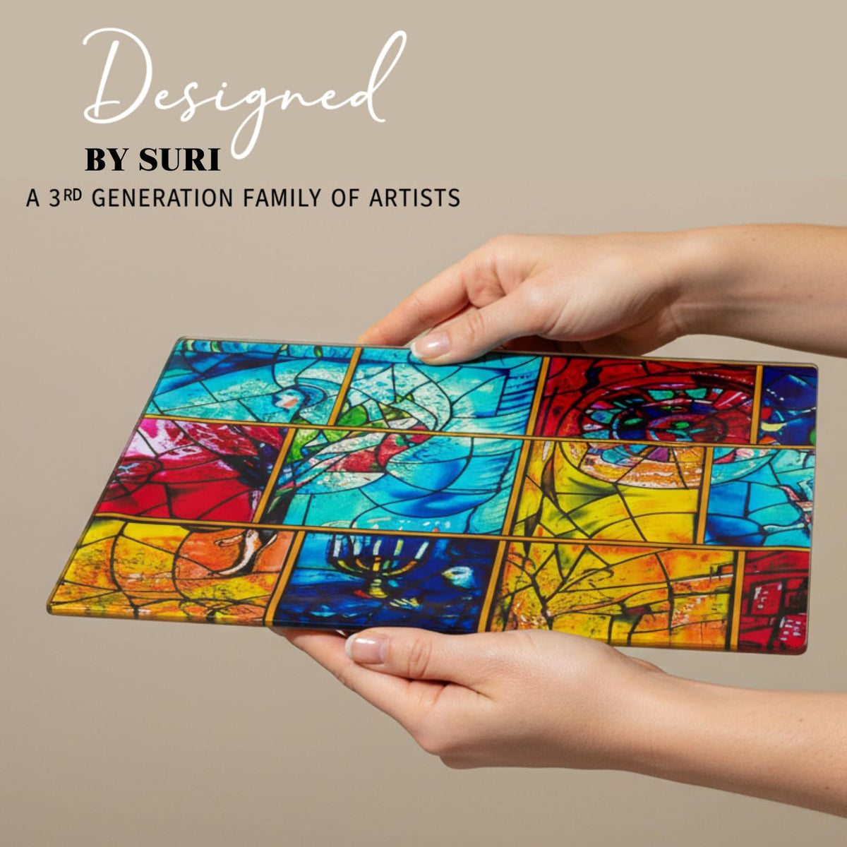 SURI Tempered Glass Challah Board, Large Cutting Tray, Colorful Window