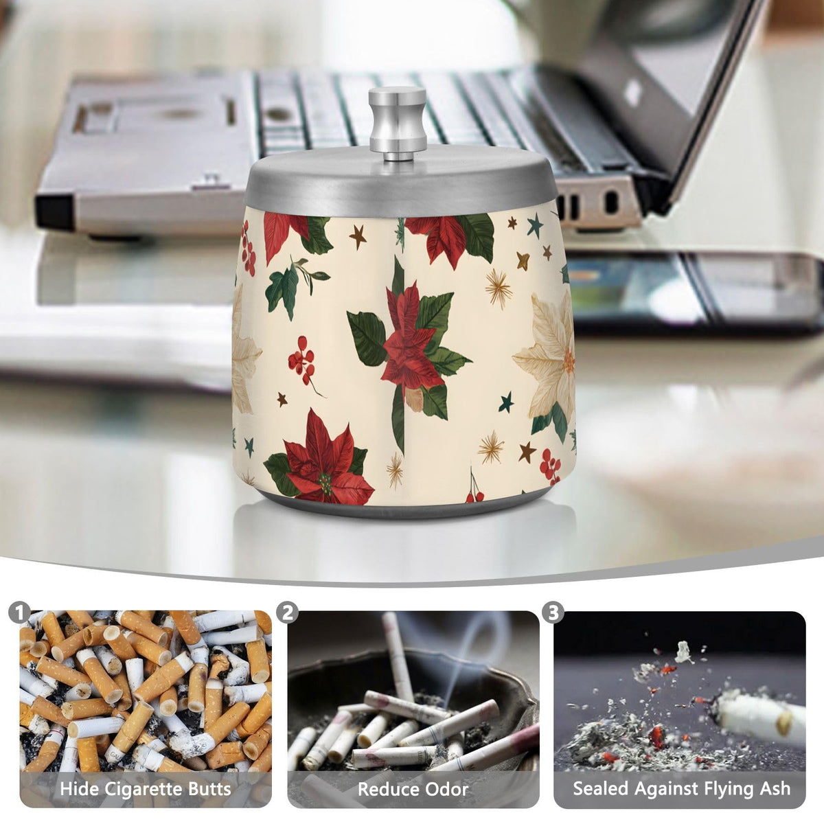 Poinsettias Holly Leaf Splash Ashtray with Lid by ALAZA – Stainless Steel, C4885, Model g541054487p1082c1149s2657