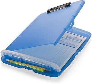 Officemate Slim Clipboard with Storage, 10 x 14.5-Inches, Plastic Document Organizer with Compartment and Pen Holder, Translucent Blue, Pack of 6