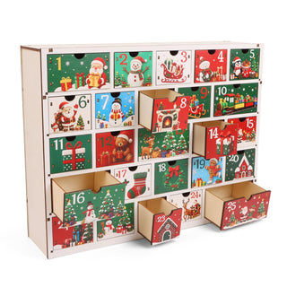 CCINEE Wooden Advent Calendar, 25 Drawers, Multicolor Cartoon Holiday Design