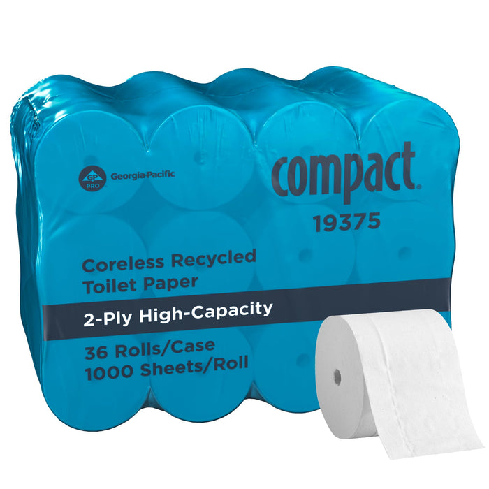 Compact by Georgia-Pacific PRO Coreless 2-Ply Recycled Toilet Paper, White, 1000 Sheets Per Roll, 36 Toilet Tissue Rolls Per Case, 19375