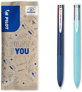 PILOT - Set of 2 Pens 4 Colours Super Grip G4 Colors - Ballpoint Pen with Ultra-Smooth Ink - Incomparable Fluid Writing - Retractable - Dark Blue, Light Blue - Medium Tip