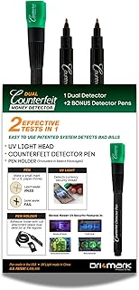 Dri Mark Dual Test Counterfeit Money Detector Pen, UV Light Head Bonus Pack - Fake Money Bill Checker, Tests for Security Strips and Authentic Currency Paper, 1 UV Light/ 3 Pens
