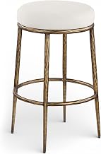 Meridian Furniture 77081Cream-C Ferro Collection Modern | Contemporary Bar Stool with Rich Linen Textured Performance Fabric, Iron Legs and Frame, 21" W x 21" D x 30" H, Cream/Antique Brass
