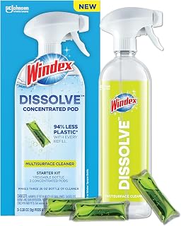 Windex Dissolve Concentrated Pods, Multisurface Cleaner Starter Kit contains 1 Reusable Bottle, 3 Concentrated Dissolvable Pods