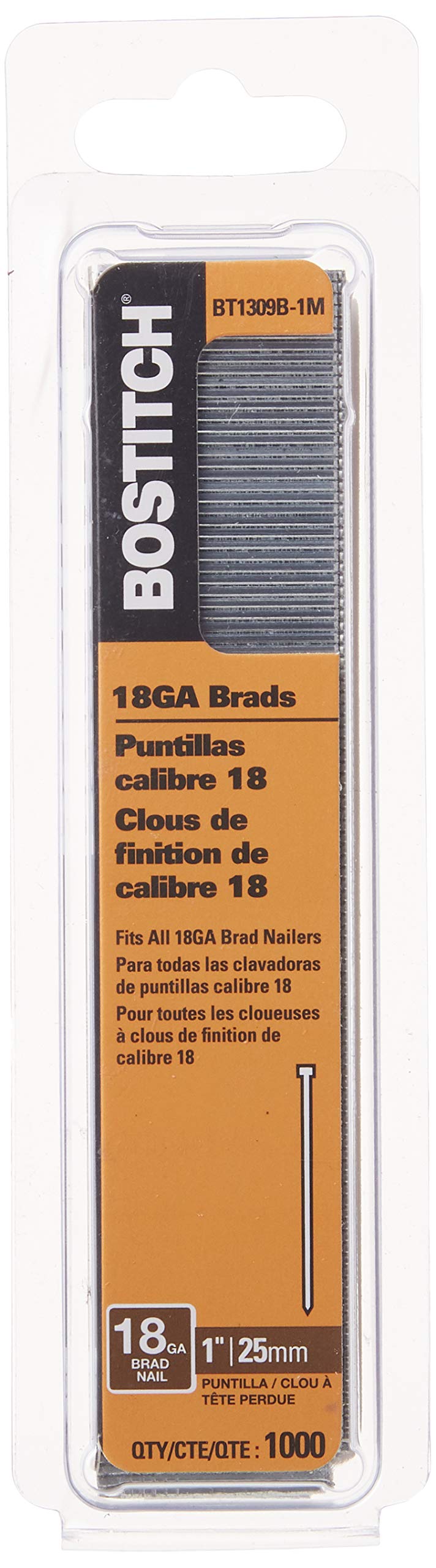 18 Gauge Brad Nails by Bostitch – 1000 Count (Pack of 1), Alloy Steel, Silver, Model BT1309B-1M