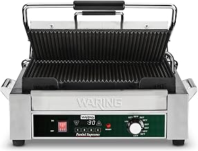 Waring Panini Press with Programmable Timer, 14.5" x 11" Cooking Surface | Ribbed Cast Iron Plates, 14.5" x 11" Cooking Surface, 570°F Adjustable Thermostat, for Sandwiches up to 3" Thick, 120V