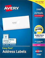 Avery Easy Peel Printable Address Labels with Sure Feed, 1" x 2-5/8" Customizable Stickers, White, 3,000 Blank Mailing Labels, Great for Mailing, Shipping, and More (5160)