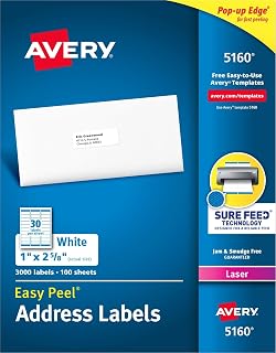 Avery Easy Peel Printable Address Labels with Sure Feed, 1" x 2-5/8" Customizable Stickers, White, 3,000 Blank Mailing Labels, Great for Mailing, Shipping, and More (5160)