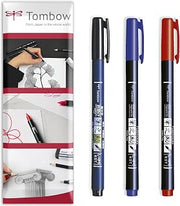 Tombow Fudenosuke Calligraphy Brush Pen - Black, Blue, Red Ink - Pack of 3 In Envelope Gift Packaging