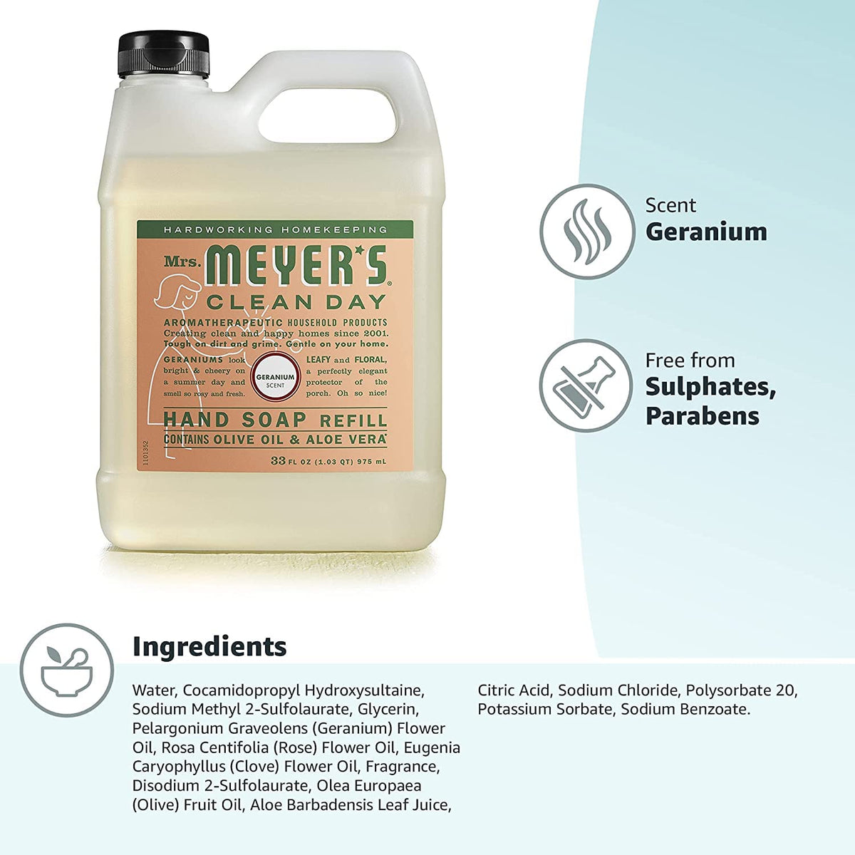 ´s Clean Day Hand Soap Refill by Mrs. MEYER'S – 33 Fl Oz (Pack of 4), Plastic, White, Pack of 4, Model 808124131637