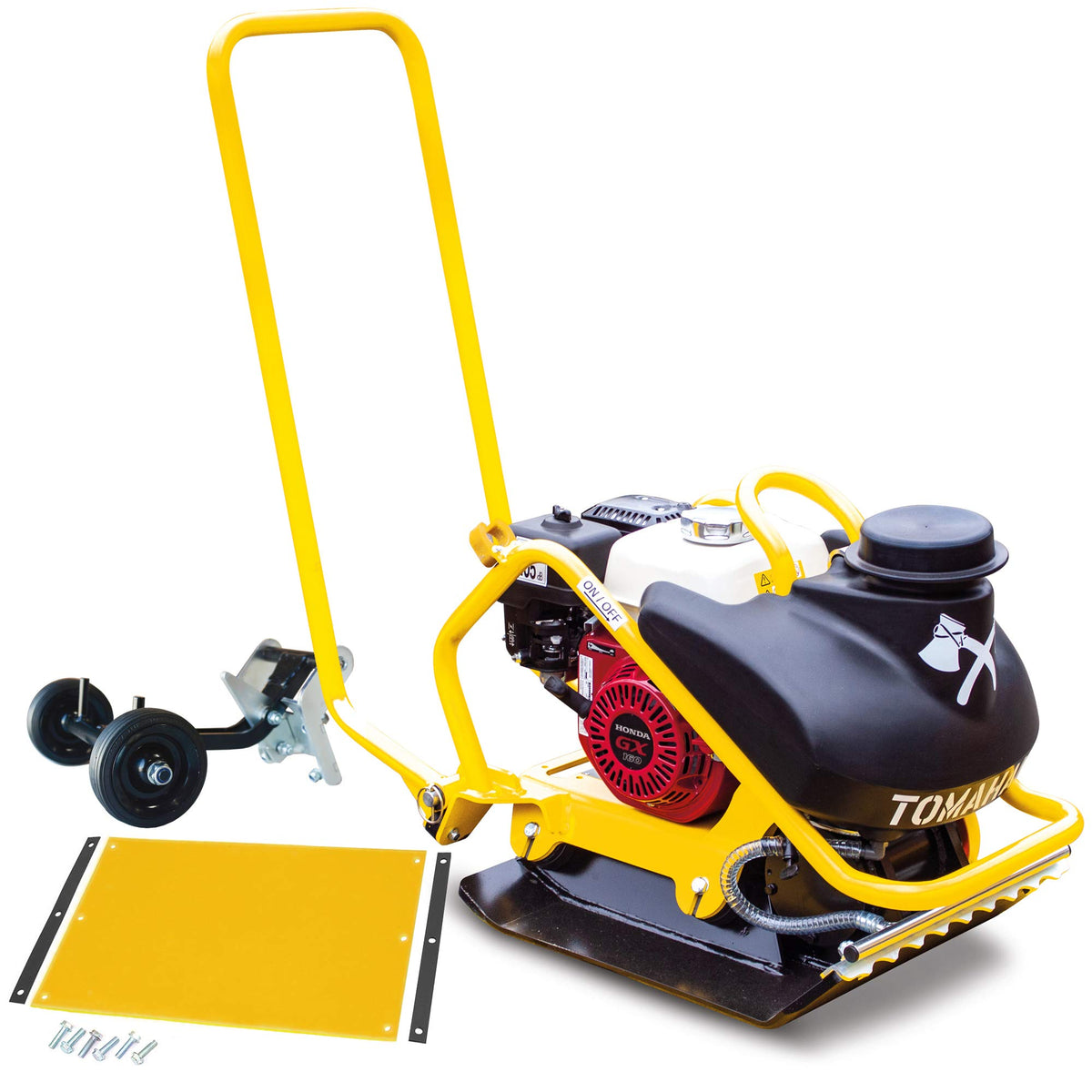 5.5 HP Honda Engine Forward Plate Compactor Walk Behind Vibratory Dirt Asphalt Soil Plate Compactor (Compactor + Wheels + Pad) by Tomahawk Power – Model TPC90H + TPC90H-WHEELS +