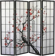 FurniFact Black Japanese 4-Panel Screen Room Divider with Plum Blossom Design, Stylish, Durable Construction, Perfect for Privacy and Room Decor