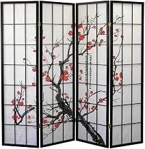 FurniFact Black Japanese 4-Panel Screen Room Divider with Plum Blossom Design, Stylish, Durable Construction, Perfect for Privacy and Room Decor