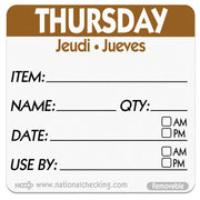 National Checking Company DateIt Square Thursday Jeudi Jueves Day of the Week Dissolvable Printed Removable Label Brown | 500/Roll by NCCO – Brown, Pack of 500, Model RIDU2204R