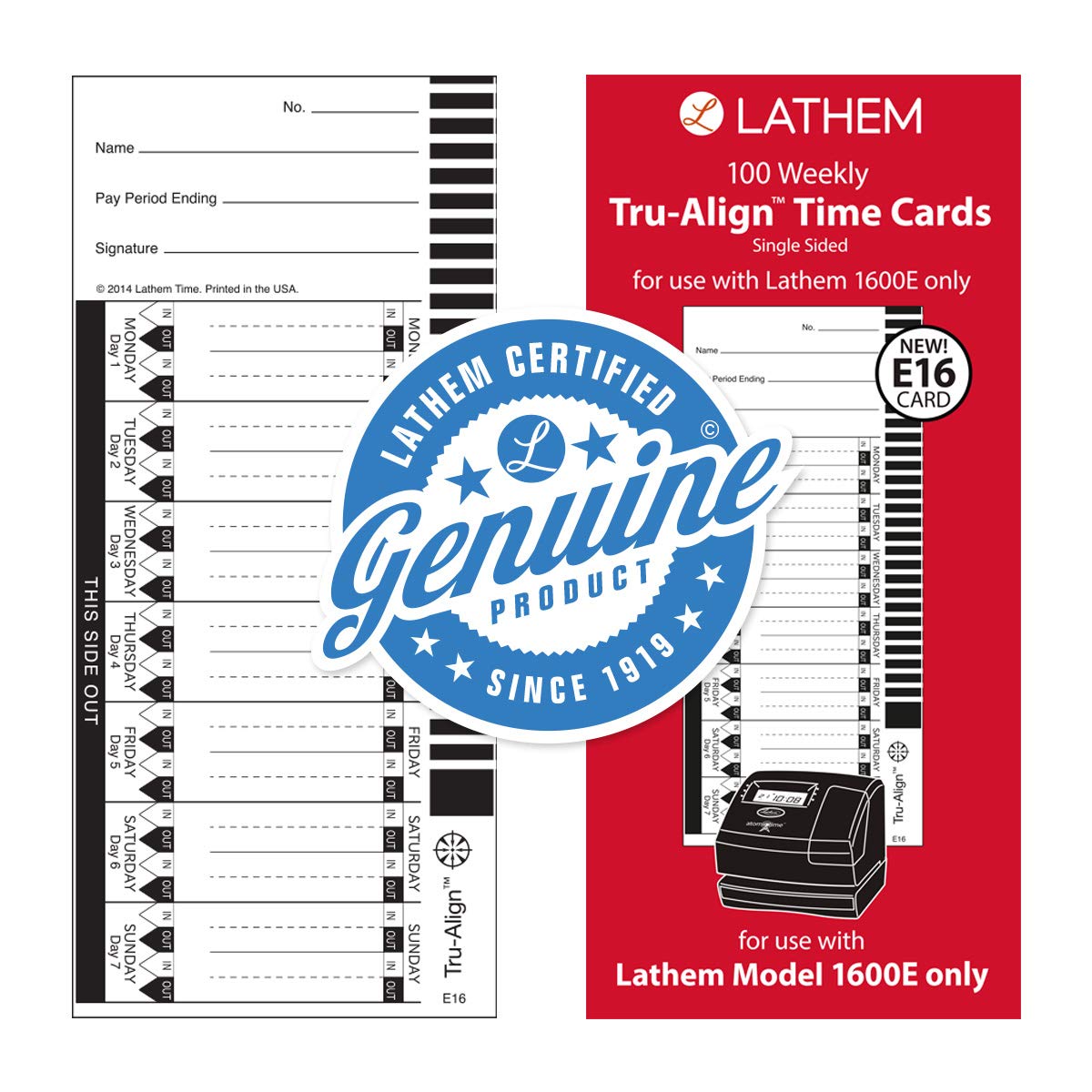 TruAlign Weekly Time Cards for 1600E Time Clock by Lathem – Size: Pack of 100 weekly time cards, Paper, White, Model E16-100