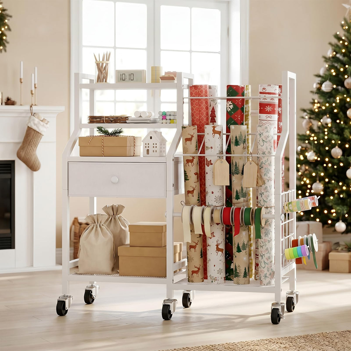 Hoobro Wrapping Paper Cart, Rolling Organizer with Drawer, White