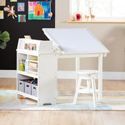 Guidecraft Design Studio – White: 3-in-1 Kids Art Table & Stool Set, Writing, Crafting, Painting & Drafting Table for Kids with Craft Storage & Bins, Art Easel with Paper Roll, Toddler Activity Desk