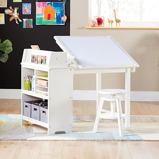 Guidecraft Design Studio – White: 3-in-1 Kids Art Table & Stool Set, Writing, Crafting, Painting & Drafting Table for Kids with Craft Storage & Bins, Art Easel with Paper Roll, Toddler Activity Desk
