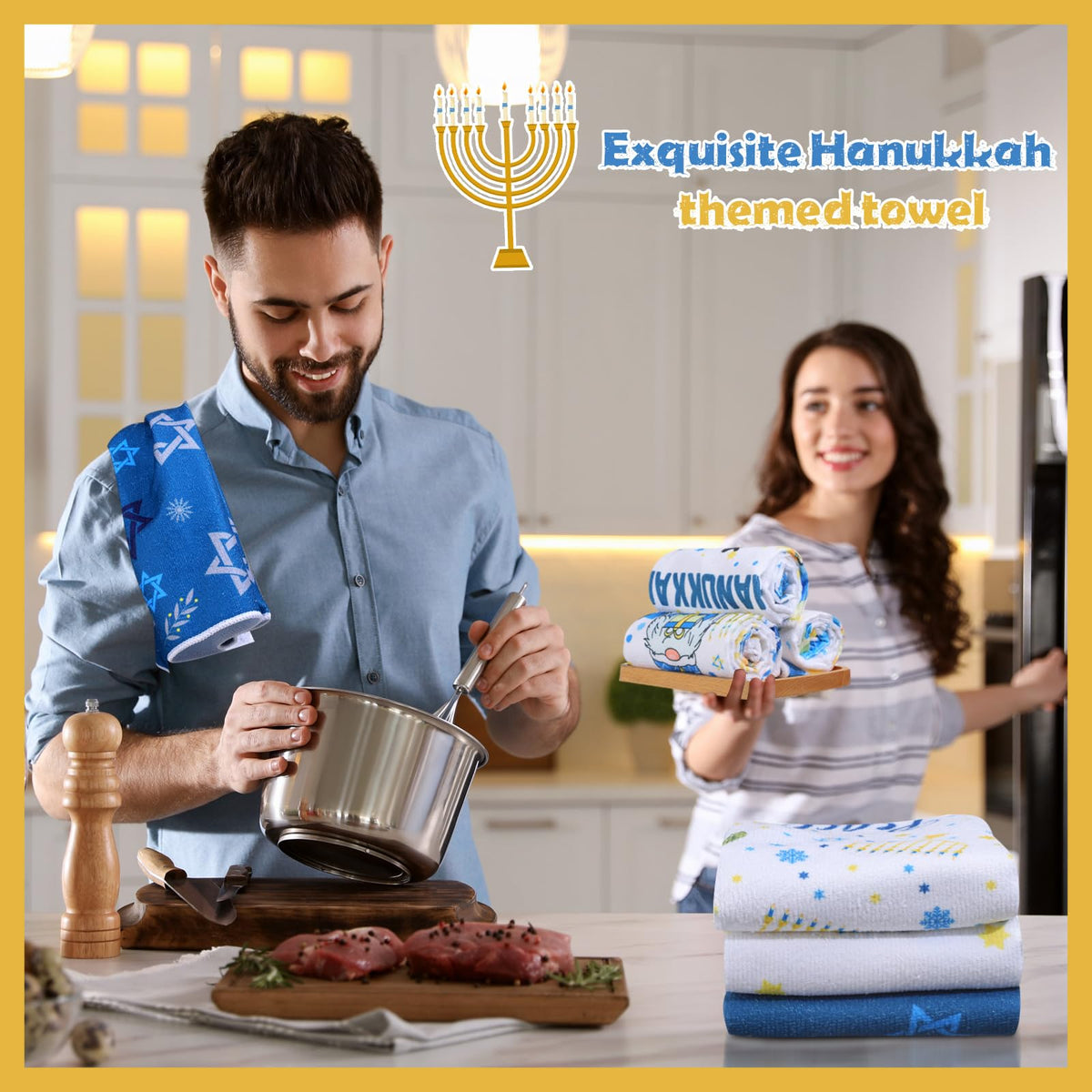 Oudain Hanukkah Kitchen Towels, 6 Pack, 16 x 24 Inches, Blue and Yellow