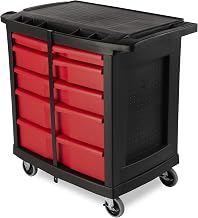 Rubbermaid Commercial Products Mobile Tool Work Center, 5 Drawers, 250 lb. Capacity, Black, for Warehouse/Garage/Cleaning/Maintenance