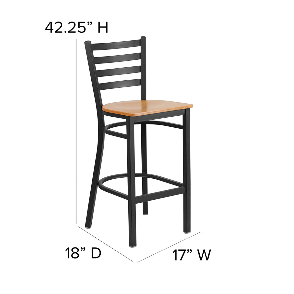 2 Pack HERCULES Series Black Ladder Back Metal Restaurant Barstool - Natural Wood Seat by Flash Furniture – Set of 2, Steel, Plywood, Model 2-XU-DG697BLAD-BAR-NATW-GG