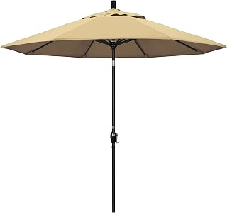 California Umbrella 9' Round Aluminum Market Umbrella, Crank Lift, Push Button Tilt, Black Pole, Pacifica Beige