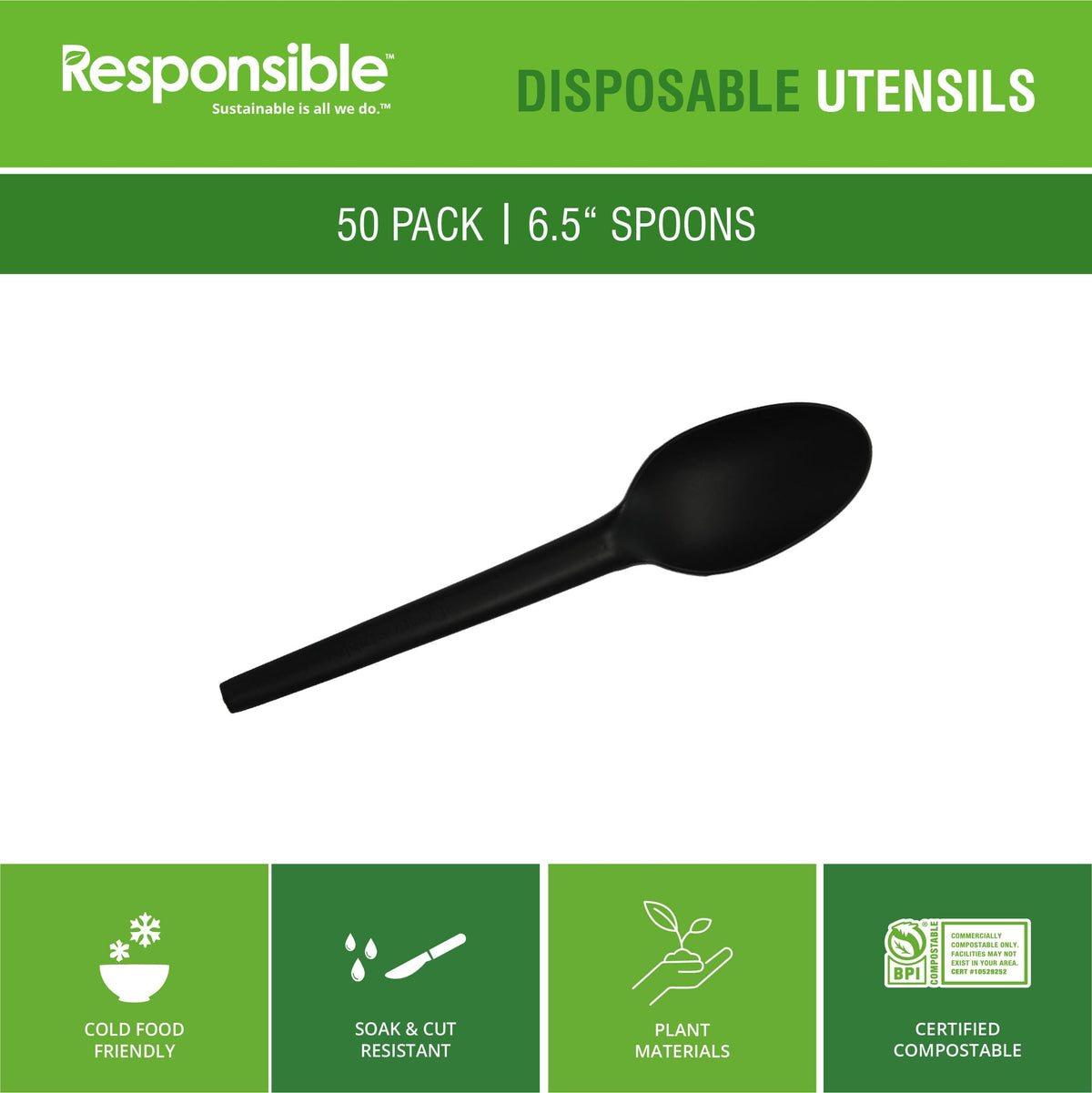 Responsible Products 6.5" Spoons Black (50 Count) / Black / 50 Spoons
