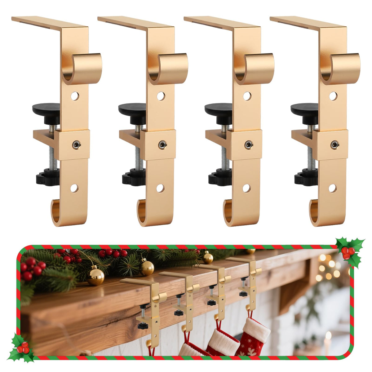 Acrridi Mantel Hook Set, Holds Over 30 Pounds, Gold 4-Pack