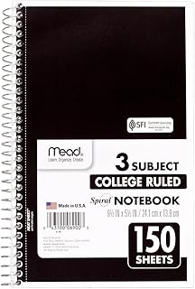 Mead Small Spiral Notebook, 3-Subject, College Ruled Paper, 9-1/2" x 5-1/2", 150 Sheets per Notebook, Color Will Vary, 1 Count (06900)