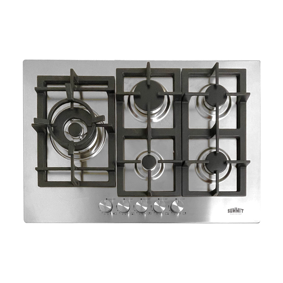 Summit , 30-Inch-Wide 5-Burner Gas Cooktop, Stainless Steel with Sealed Burners, Cast Iron Grates, NG/LPG Conversion Kit, Wok Ring, Flame Failure Protection, Easy to Clean, Cord